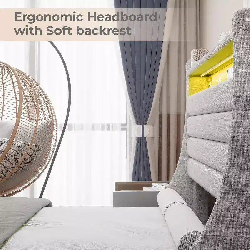 Struttura letto matrimoniale singolo moderna, comodo letto a piattaforma imbottito con doghe in legno, luci a LED e stazione di ricarica, non richiede rete a molle, facile da montare, beige