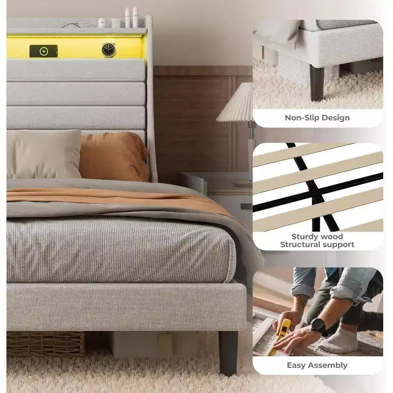 Struttura letto matrimoniale singolo moderna, comodo letto a piattaforma imbottito con doghe in legno, luci a LED e stazione di ricarica, non richiede rete a molle, facile da montare, beige
