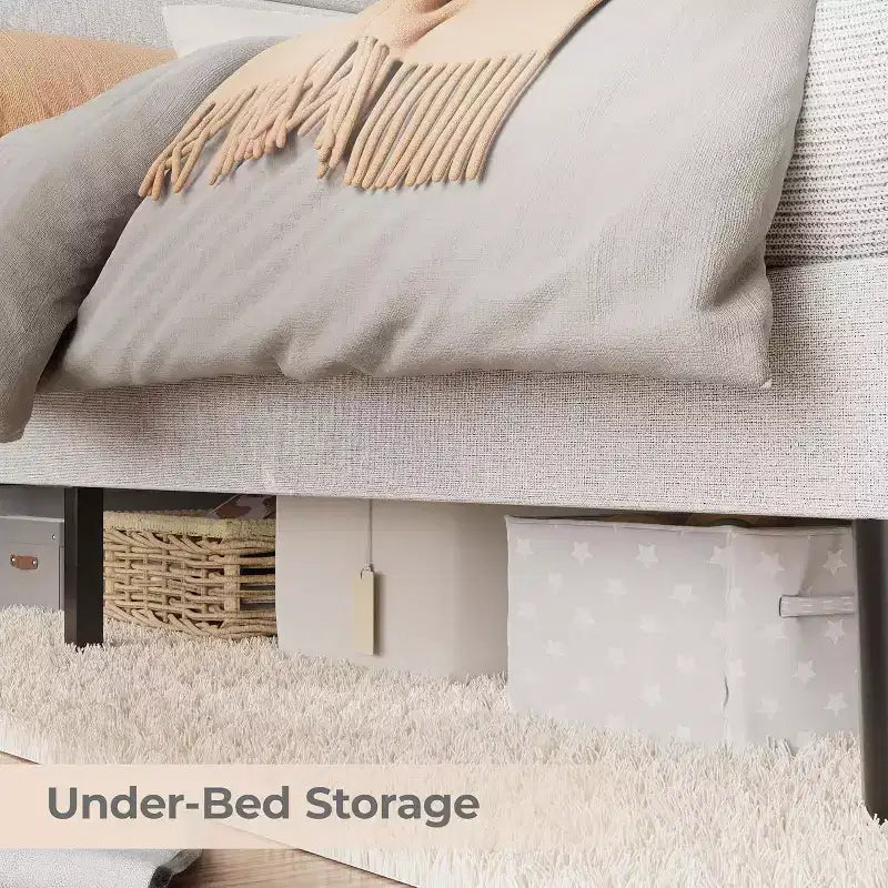 Struttura letto matrimoniale singolo moderna, comodo letto a piattaforma imbottito con doghe in legno, luci a LED e stazione di ricarica, non richiede rete a molle, facile da montare, beige