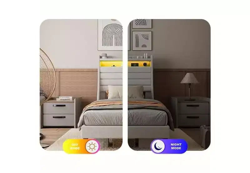 Struttura letto matrimoniale singolo moderna, comodo letto a piattaforma imbottito con doghe in legno, luci a LED e stazione di ricarica, non richiede rete a molle, facile da montare, beige
