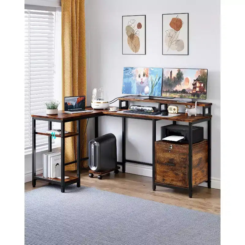 67 Inch L Shaped Desk with Power Outlets and USB-C Port, Computer Corner Home Office Desk with Drawers & Movable Monitor Stand for Gaming, Writing