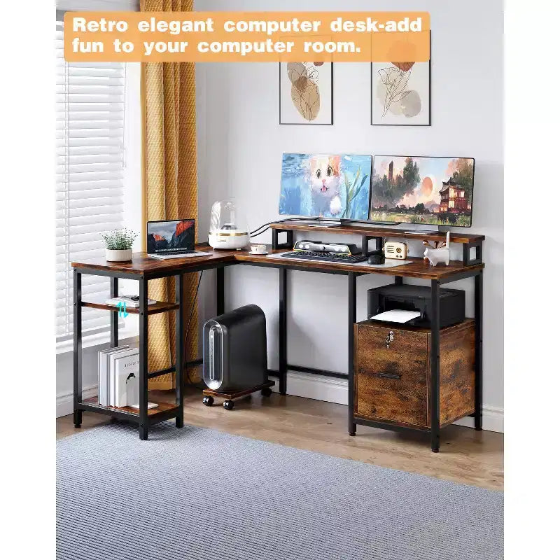 Scrivania a L da 67 pollici con prese di corrente e porta USB-C, scrivania angolare per computer per ufficio domestico con cassetti e supporto monitor mobile per gaming e scrittura