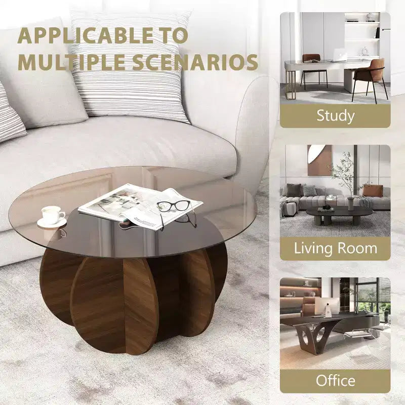 Tavolino da caffè in vetro, tavolino rotondo con struttura geometrica in metallo, tavolino da caffè moderno e minimalista per decorazioni