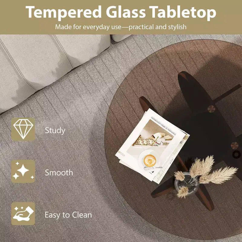 Tavolino da caffè in vetro, tavolino rotondo con struttura geometrica in metallo, tavolino da caffè moderno e minimalista per decorazioni