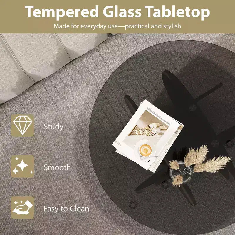 Tavolino da caffè in vetro, tavolino rotondo con struttura geometrica in metallo, tavolino da caffè moderno e minimalista per decorazioni