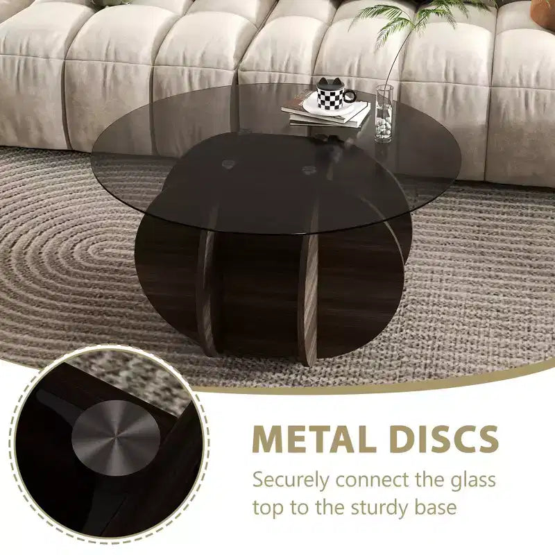 Tavolino da caffè in vetro, tavolino rotondo con struttura geometrica in metallo, tavolino da caffè moderno e minimalista per decorazioni