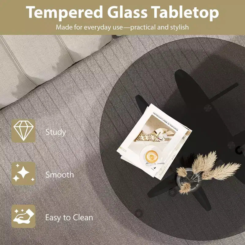 Tavolino da caffè in vetro, tavolino rotondo con struttura geometrica in metallo, tavolino da caffè moderno e minimalista per decorazioni