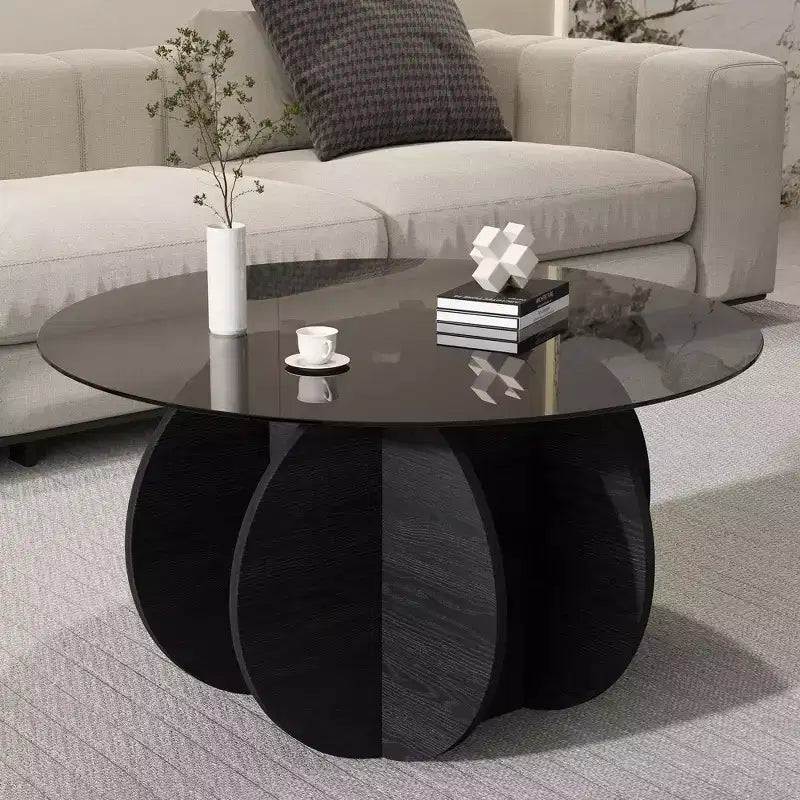 Glass Coffee Table, Round Coffee Table with Geometric Metal Frame, Modern Minimalist Coffee Table for Decoration