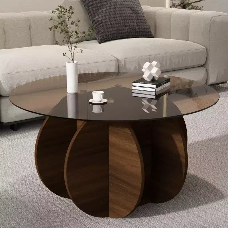 Tavolino da caffè in vetro, tavolino rotondo con struttura geometrica in metallo, tavolino da caffè moderno e minimalista per decorazioni
