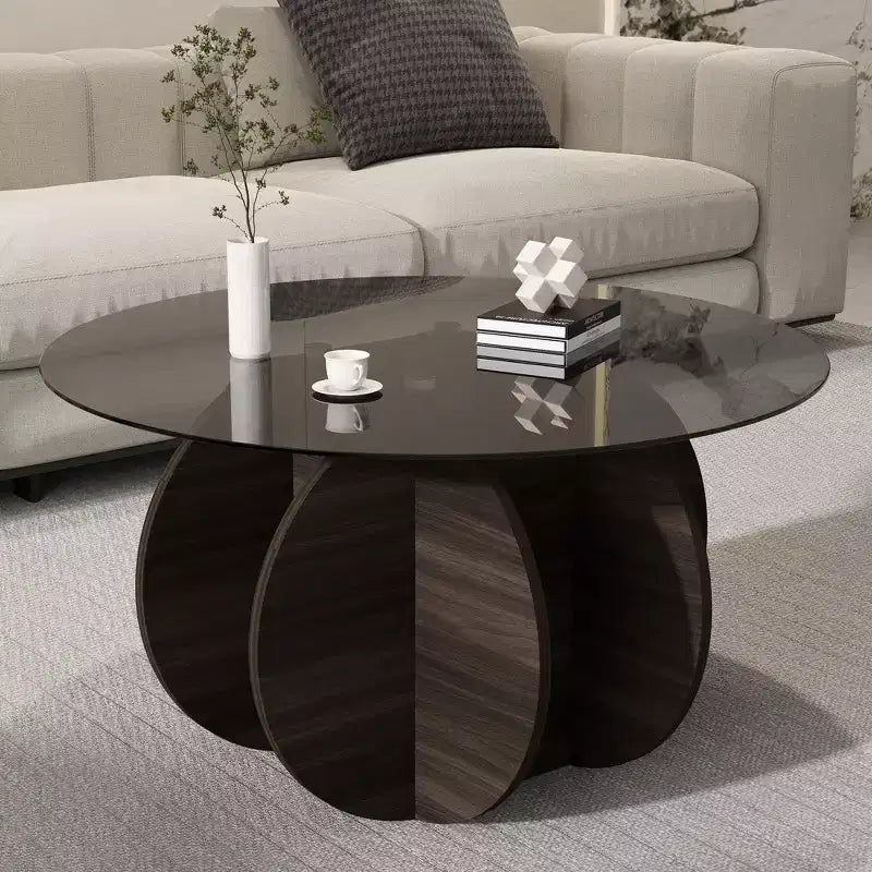 Tavolino da caffè in vetro, tavolino rotondo con struttura geometrica in metallo, tavolino da caffè moderno e minimalista per decorazioni