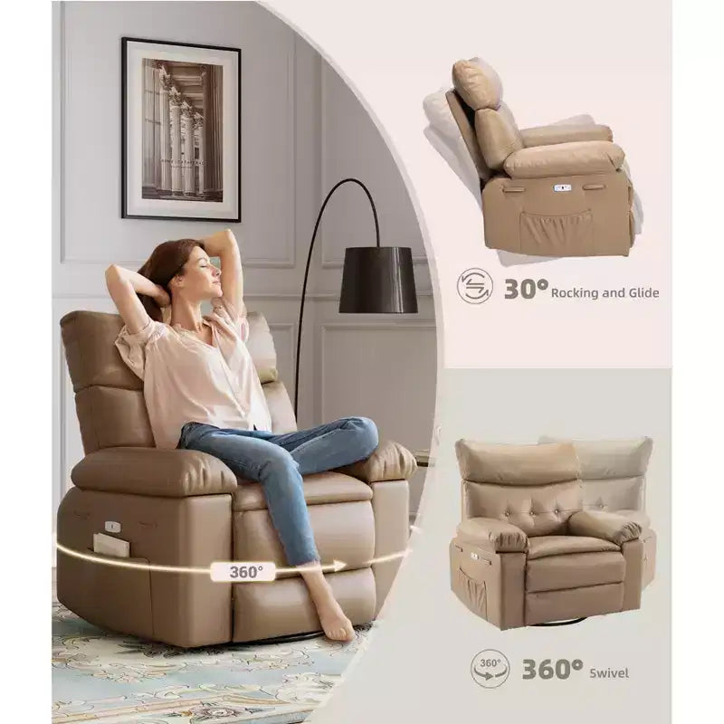 Poltrona Reclinabile Oversize con Girevole a 360°, Funzione Dondolo, Funzione Massaggio e Telecomando Inclusi per Soggiorni e Camere da Letto, Beige