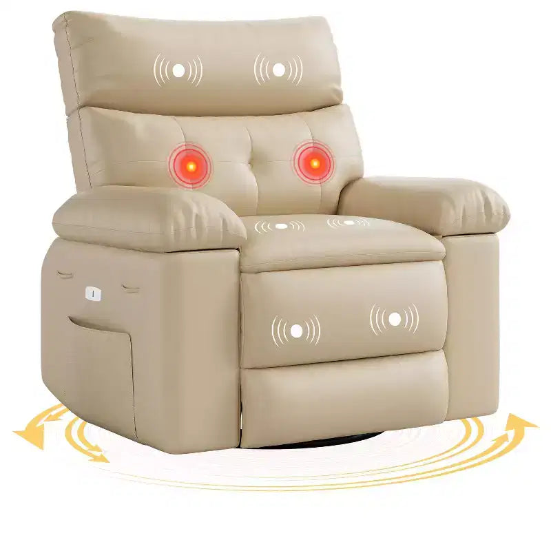 Poltrona Reclinabile Oversize con Girevole a 360°, Funzione Dondolo, Funzione Massaggio e Telecomando Inclusi per Soggiorni e Camere da Letto, Beige