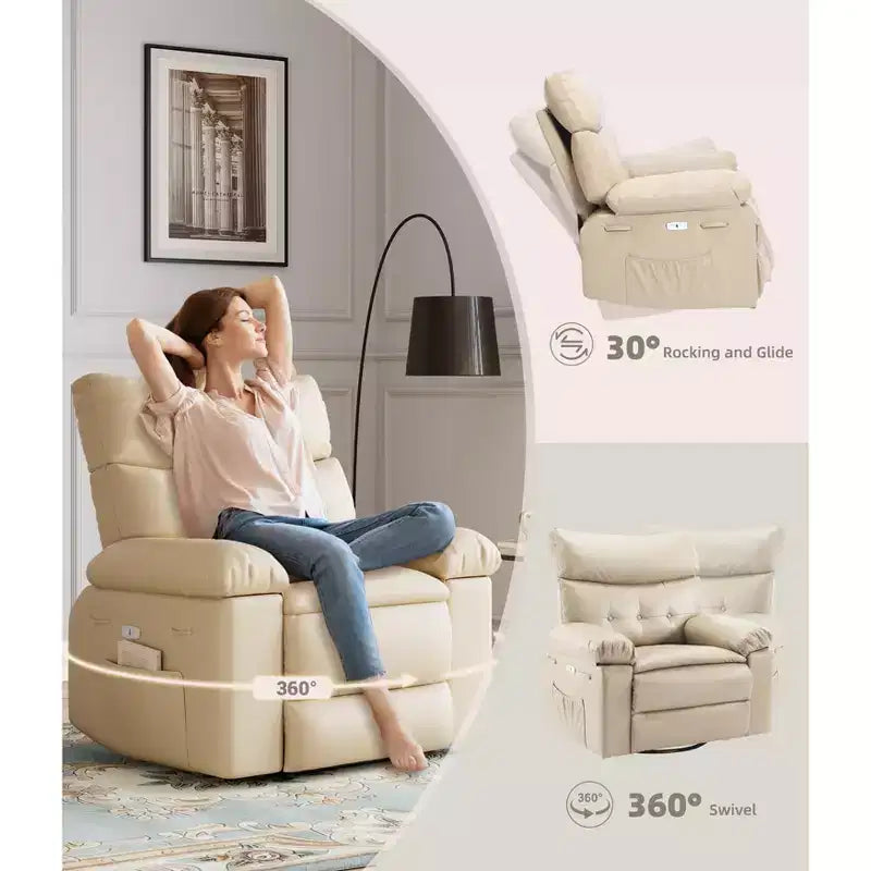 Poltrona Reclinabile Oversize con Girevole a 360°, Funzione Dondolo, Funzione Massaggio e Telecomando Inclusi per Soggiorni e Camere da Letto, Beige