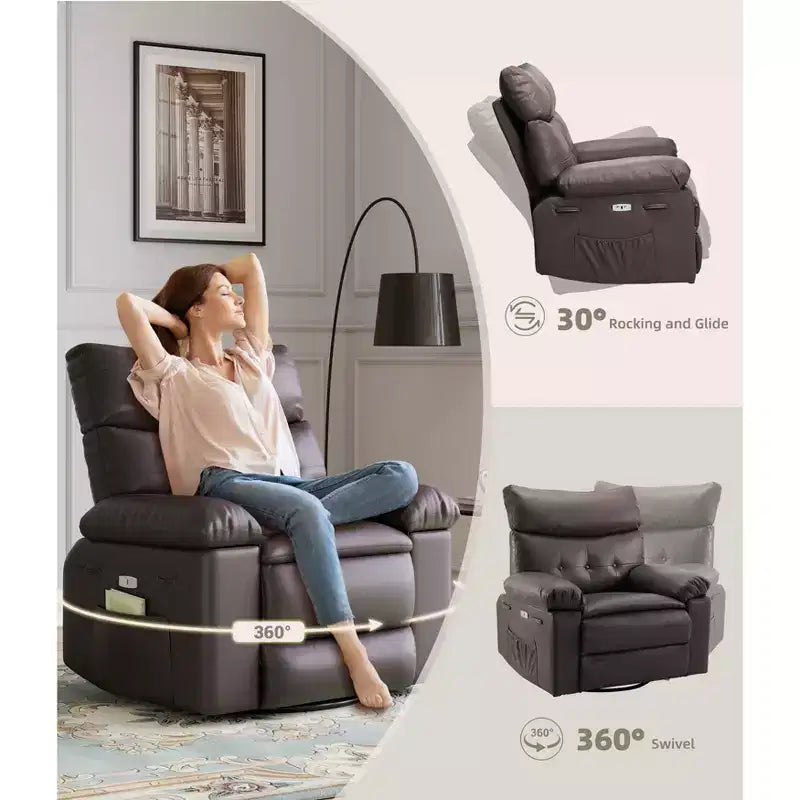Poltrona Reclinabile Oversize con Girevole a 360°, Funzione Dondolo, Funzione Massaggio e Telecomando Inclusi per Soggiorni e Camere da Letto, Beige