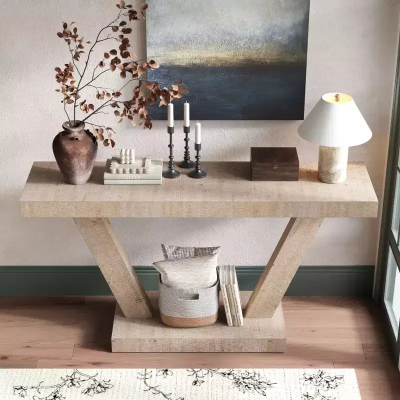 Consolle vintage da 60 pollici a 2 ripiani in legno massello impiallacciato, tavolo da ingresso con gambe robuste e base spessa, tavolo da corridoio per soggiorno