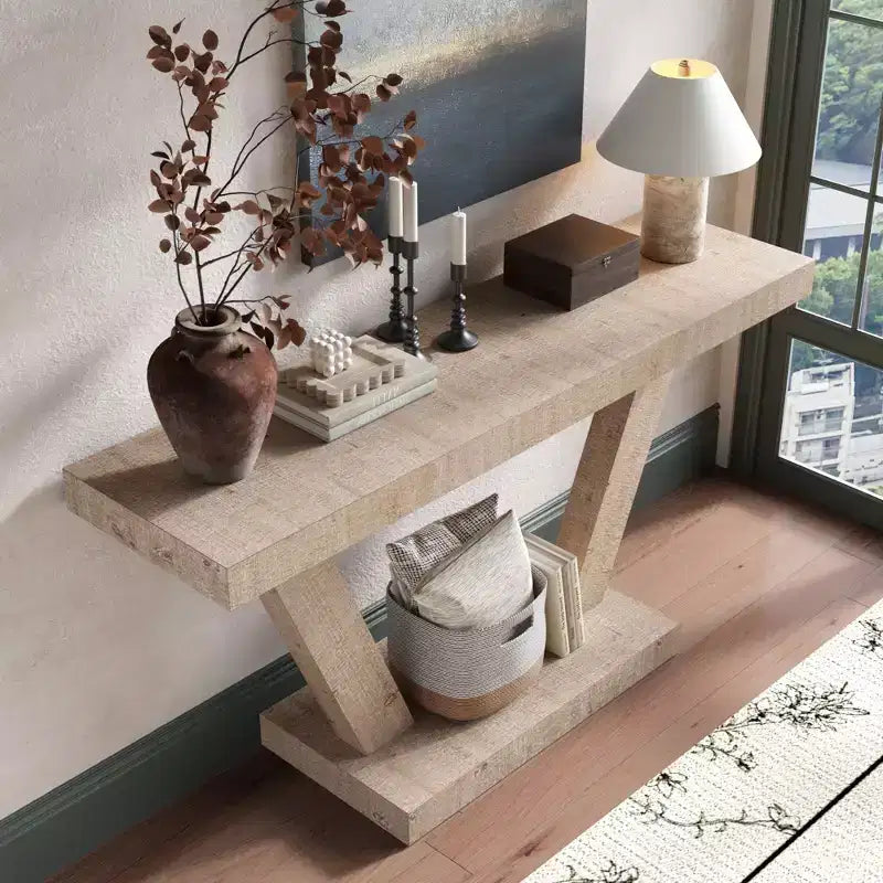 Consolle vintage da 60 pollici a 2 ripiani in legno massello impiallacciato, tavolo da ingresso con gambe robuste e base spessa, tavolo da corridoio per soggiorno