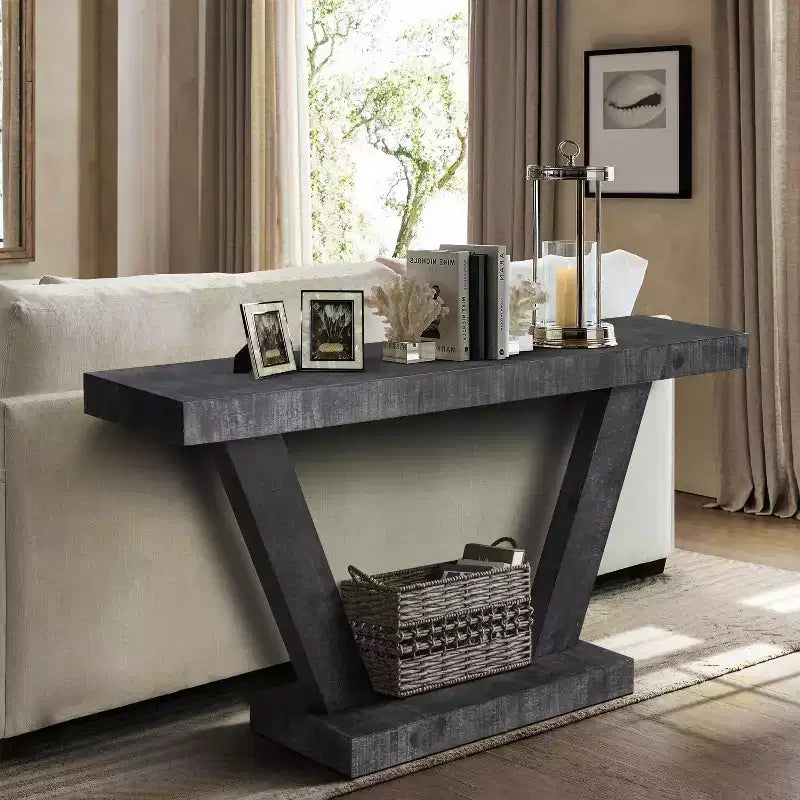 Consolle vintage da 60 pollici a 2 ripiani in legno massello impiallacciato, tavolo da ingresso con gambe robuste e base spessa, tavolo da corridoio per soggiorno