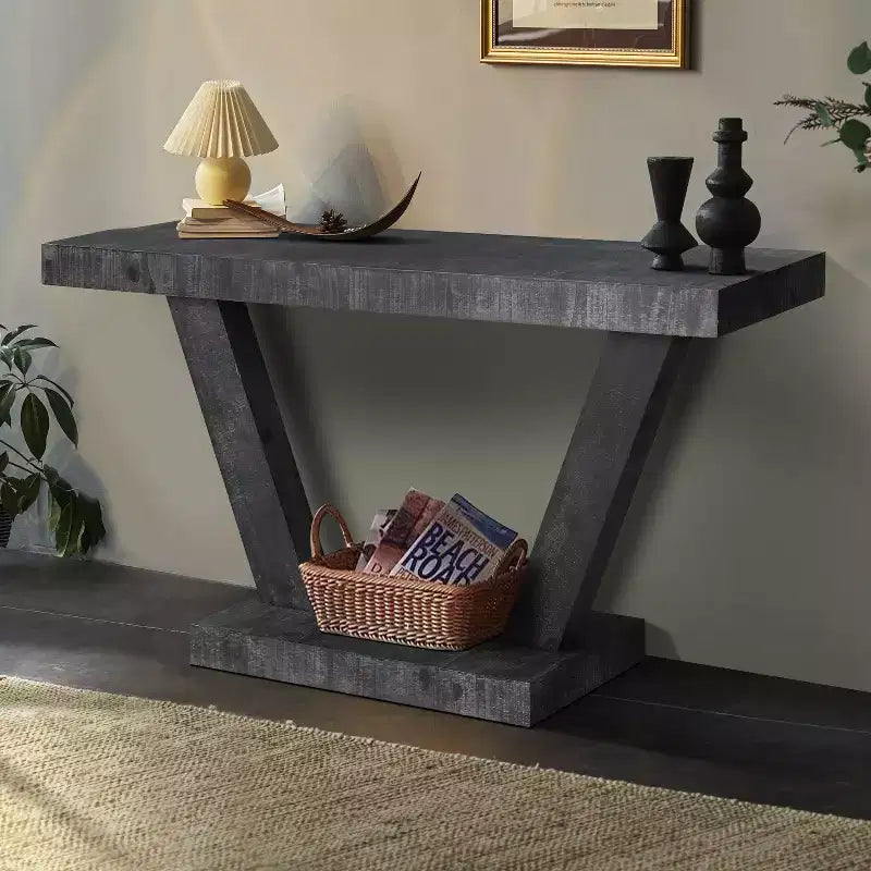 Consolle vintage da 60 pollici a 2 ripiani in legno massello impiallacciato, tavolo da ingresso con gambe robuste e base spessa, tavolo da corridoio per soggiorno