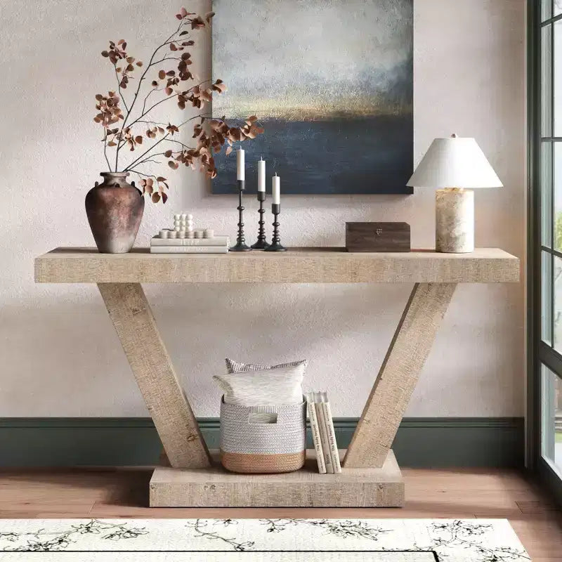 Okak 60IN Vintage Console Table 2-Tier Solid Wood Veneer, Entryway Table with Strong Legs and Thick Base, Hallway Table for Living Room