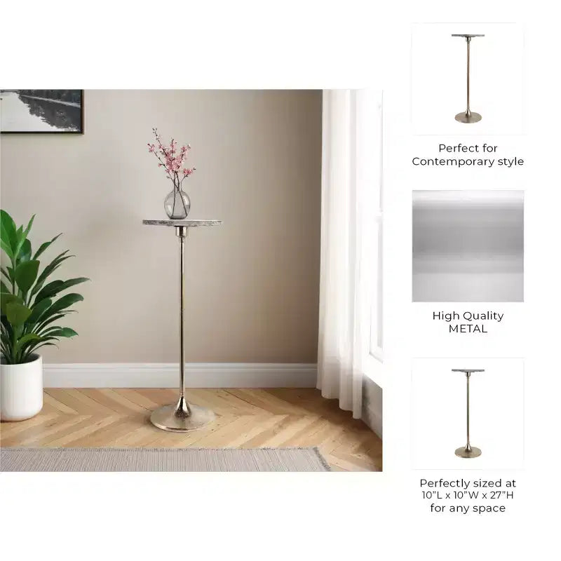 Elegante tavolino, tavolino da appoggio o comodino piccolo per l'arredamento della stanza - Tavolino da bevande sottile in metallo con piano in marmo e base a tromba