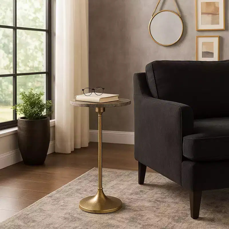Elegante tavolino, tavolino da appoggio o comodino piccolo per l'arredamento della stanza - Tavolino da bevande sottile in metallo con piano in marmo e base a tromba