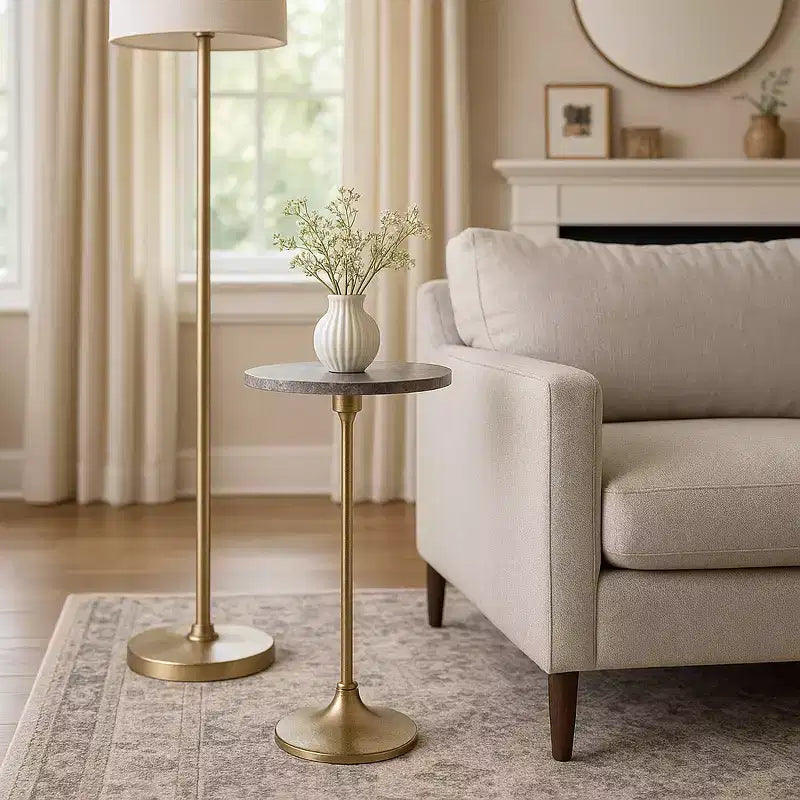 Elegante tavolino, tavolino da appoggio o comodino piccolo per l'arredamento della stanza - Tavolino da bevande sottile in metallo con piano in marmo e base a tromba
