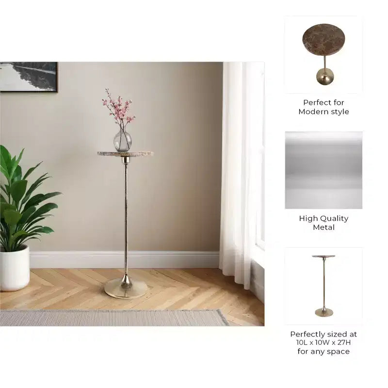 Elegante tavolino, tavolino da appoggio o comodino piccolo per l'arredamento della stanza - Tavolino da bevande sottile in metallo con piano in marmo e base a tromba