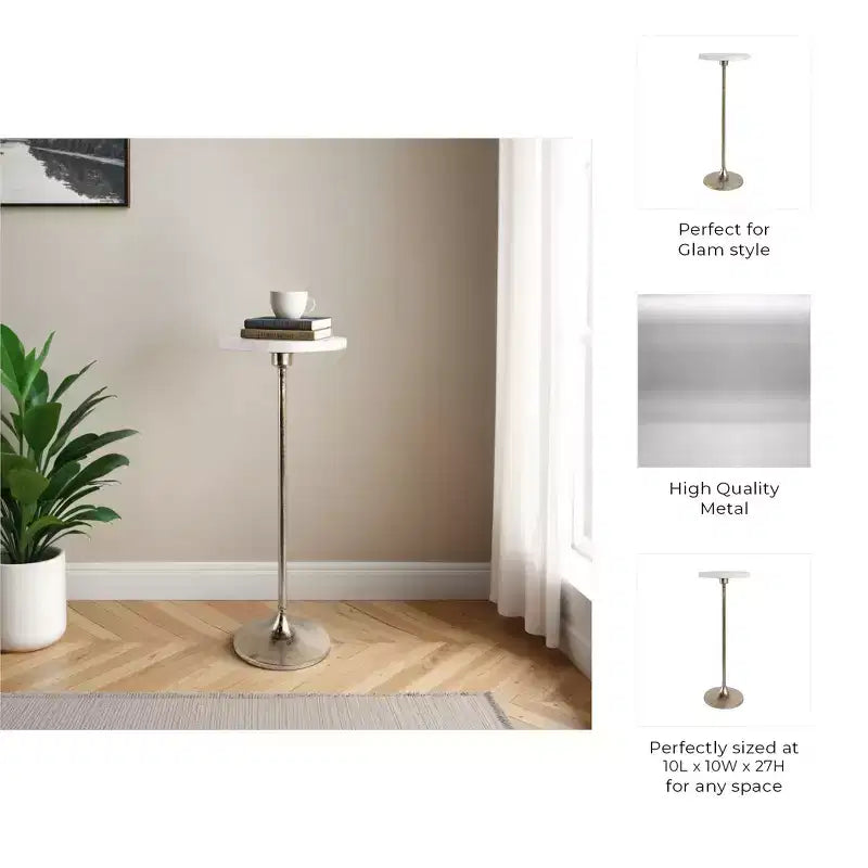 Elegante tavolino, tavolino da appoggio o comodino piccolo per l'arredamento della stanza - Tavolino da bevande sottile in metallo con piano in marmo e base a tromba