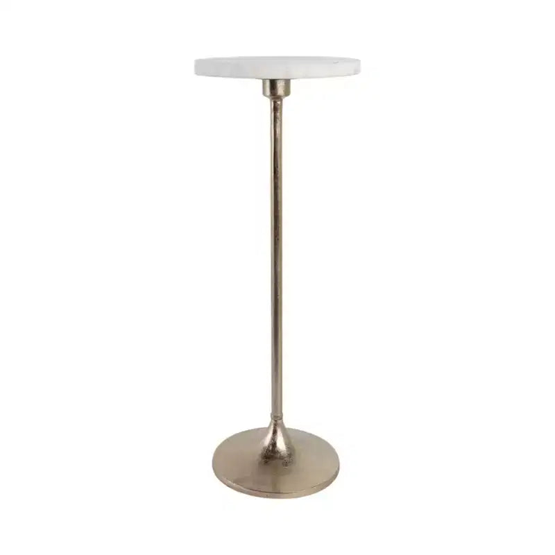 Elegante tavolino, tavolino da appoggio o comodino piccolo per l'arredamento della stanza - Tavolino da bevande sottile in metallo con piano in marmo e base a tromba