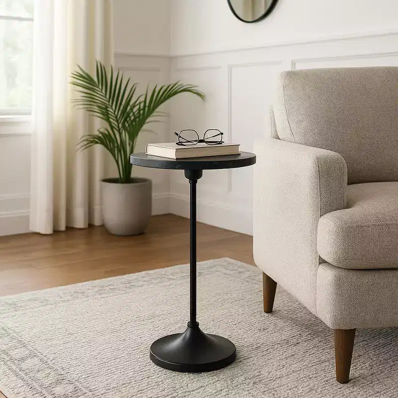Elegant End Table, Side Table, or Small Night Stand for Room Decor - Slim Metal Drink Table with Marble Top and Trumpet Base