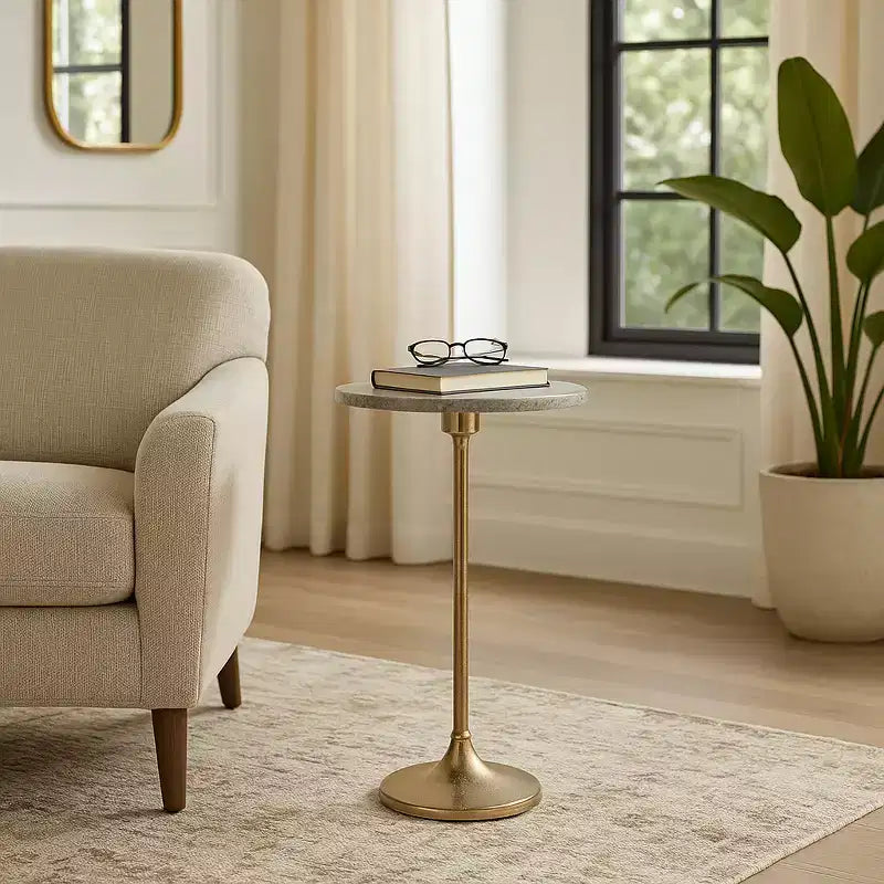 Elegante tavolino, tavolino da appoggio o comodino piccolo per l'arredamento della stanza - Tavolino da bevande sottile in metallo con piano in marmo e base a tromba