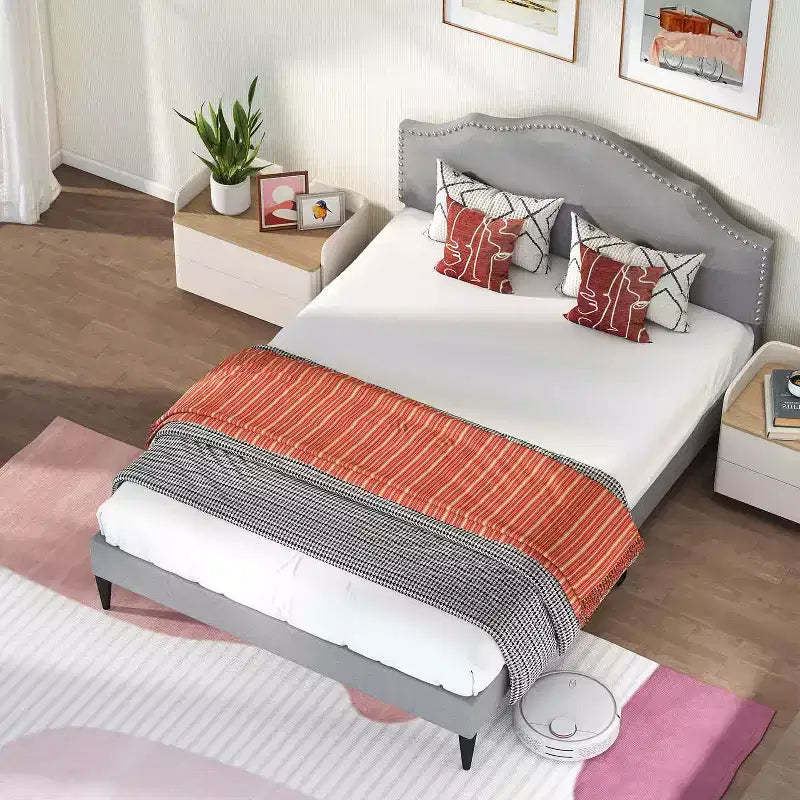Telaio Letto Imbottito con Testiera in Tessuto Base Materasso Nessuna Rete a Molle Necessaria