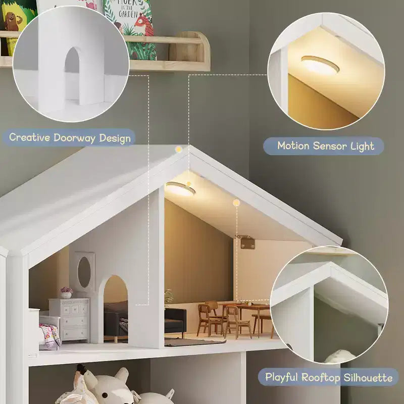 Libreria in legno per bambini con luce a sensore di movimento, organizer porta-giocattoli per bambini, libreria in stile casa delle bambole per sala giochi, camera da letto e cameretta