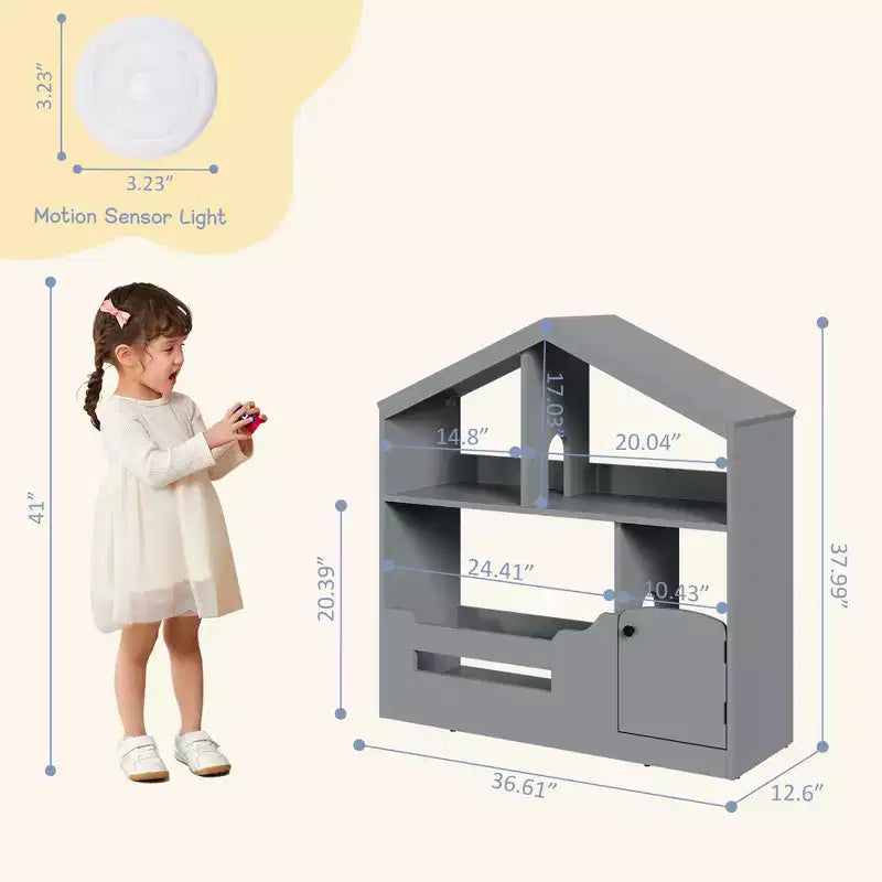 Libreria in legno per bambini con luce a sensore di movimento, organizer porta-giocattoli per bambini, libreria in stile casa delle bambole per sala giochi, camera da letto e cameretta