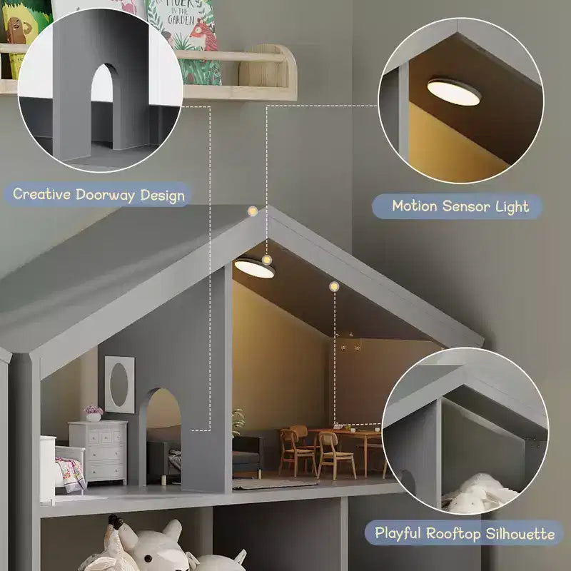 Libreria in legno per bambini con luce a sensore di movimento, organizer porta-giocattoli per bambini, libreria in stile casa delle bambole per sala giochi, camera da letto e cameretta