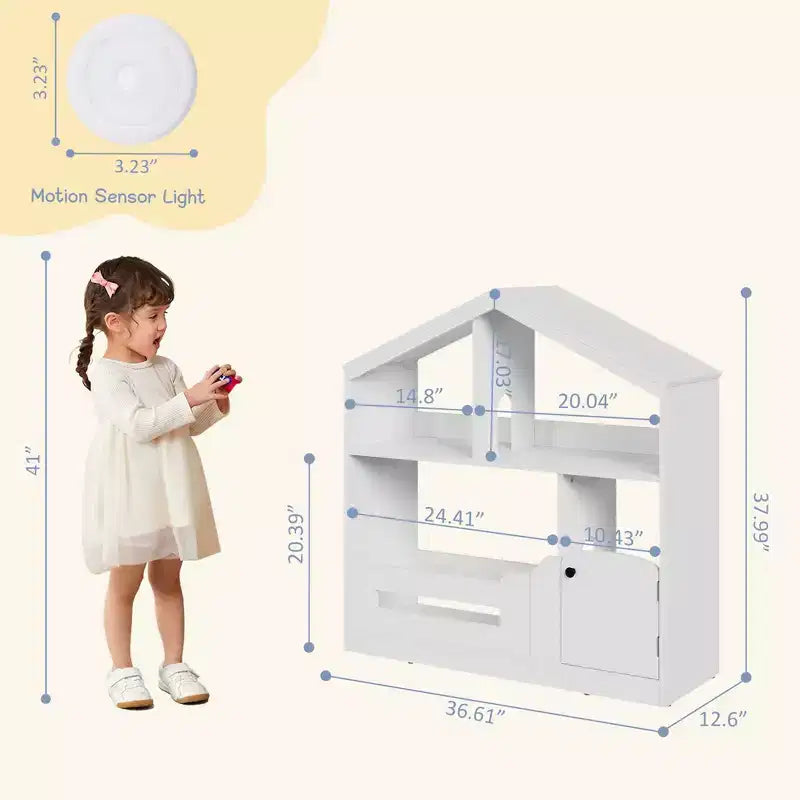 Libreria in legno per bambini con luce a sensore di movimento, organizer porta-giocattoli per bambini, libreria in stile casa delle bambole per sala giochi, camera da letto e cameretta