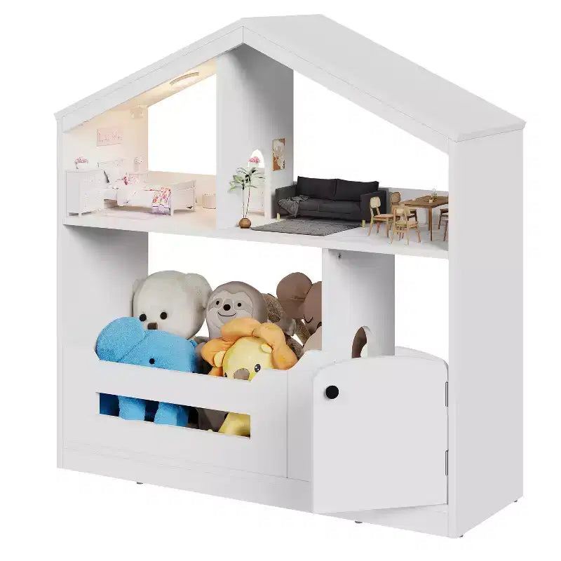 Libreria in legno per bambini con luce a sensore di movimento, organizer porta-giocattoli per bambini, libreria in stile casa delle bambole per sala giochi, camera da letto e cameretta