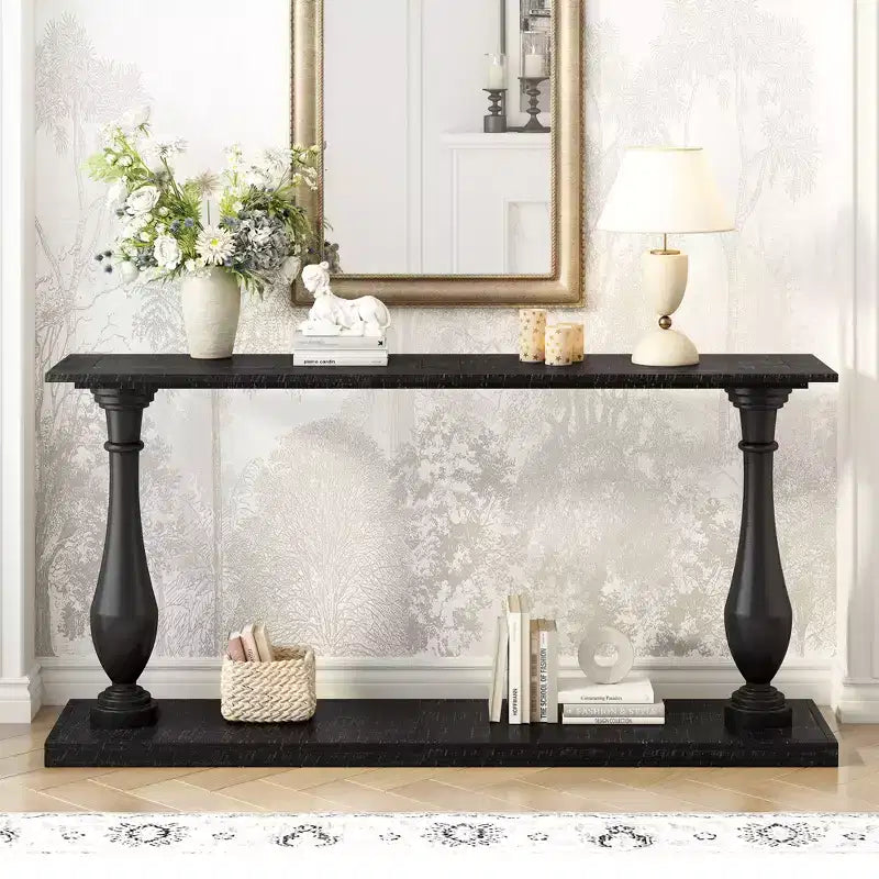 Okak 63IN Vintage Entryway Table with Pine Veneer, Console Table with Elegant Tapered Legs and Open Shelf, Hallway Table for Living Room, Black