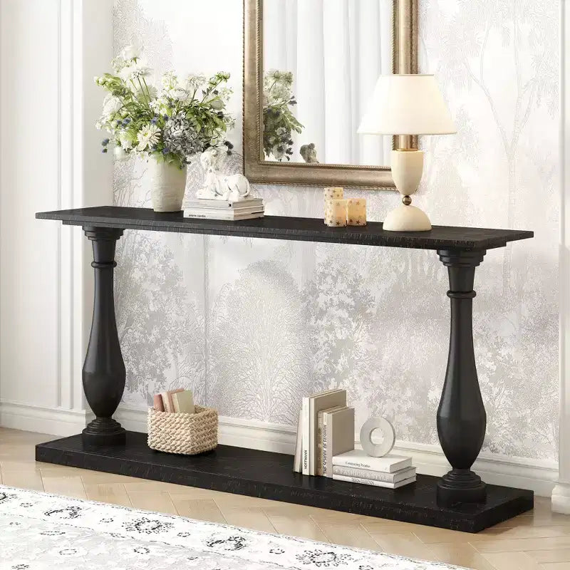 Tavolo d'ingresso vintage da 63IN con impiallacciatura di pino, Tavolo console con gambe affusolate e ripiano aperto, Nero