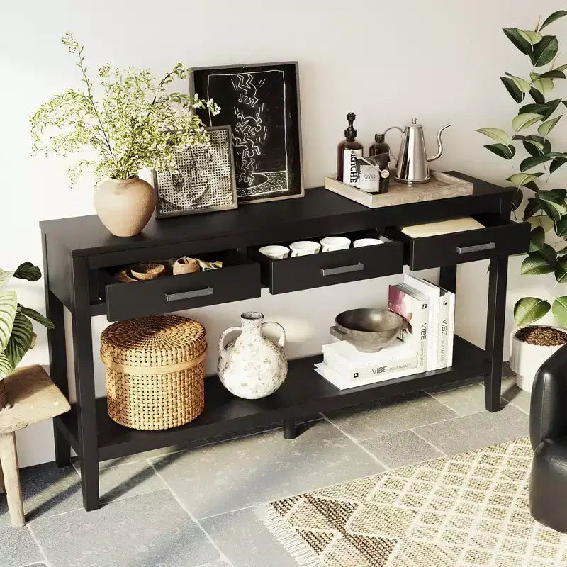 Okak 59.1IN Farmhouse Entryway Table with Bottom Shelf, Narrow Console Table with 3 Drawers and Iron Handles, Accent Table for Hallway, Foyer, Black