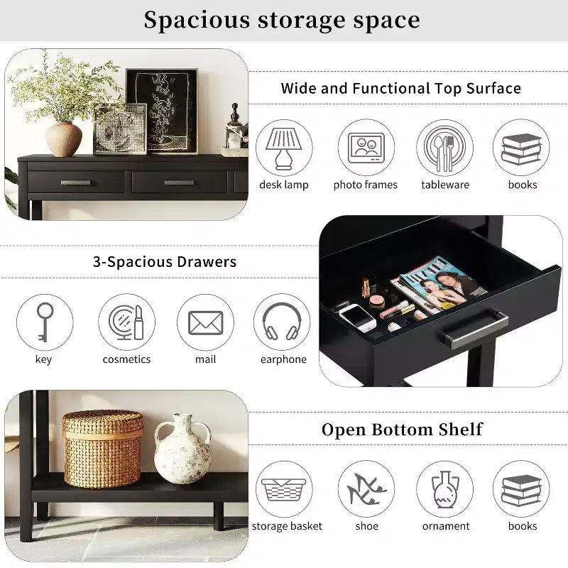 Tavolo da ingresso da 150 cm in stile rustico con ripiano inferiore, tavolino consolle stretto con 3 cassetti e maniglie in ferro, nero