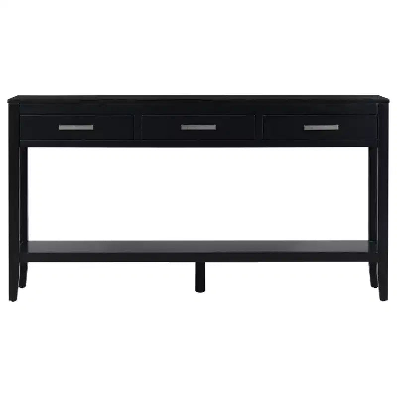 Tavolo da ingresso da 150 cm in stile rustico con ripiano inferiore, tavolino consolle stretto con 3 cassetti e maniglie in ferro, nero