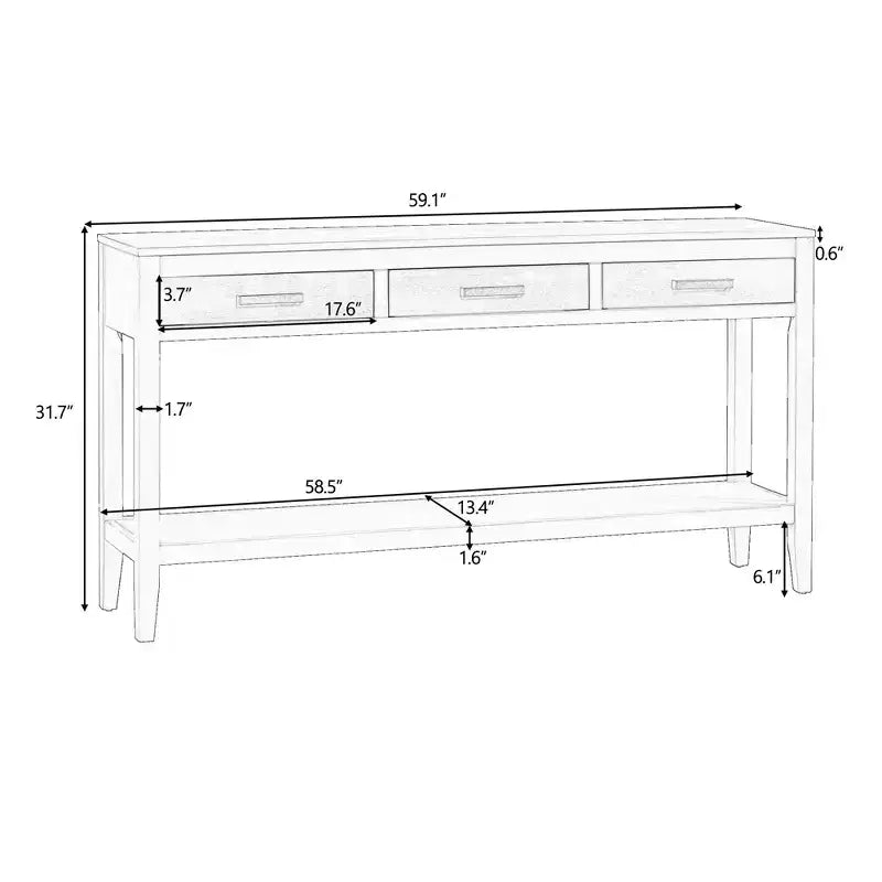 Tavolo da ingresso da 150 cm in stile rustico con ripiano inferiore, tavolino consolle stretto con 3 cassetti e maniglie in ferro, nero