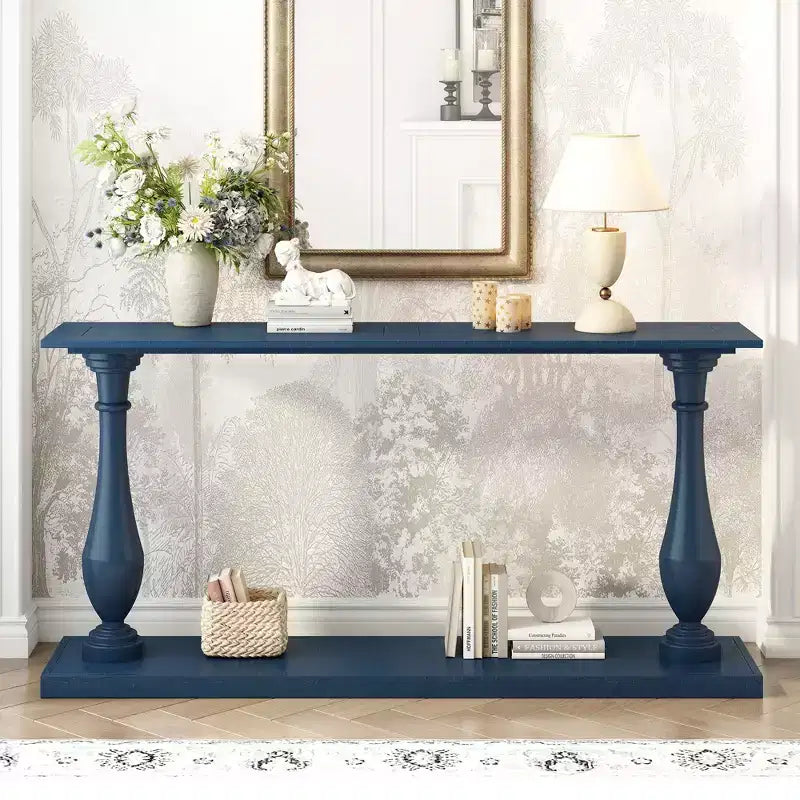 Okak 63IN Vintage Entryway Table with Pine Veneer, Console Table with Elegant Tapered Legs and Open Shelf, Hallway Table for Living Room, Blue