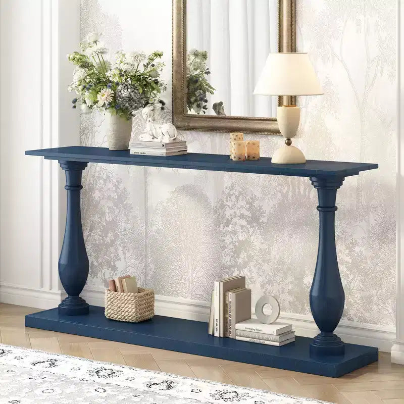 Tavolo d'ingresso vintage da 63 pollici con impiallacciatura in pino, consolle con gambe affusolate e ripiano aperto, blu