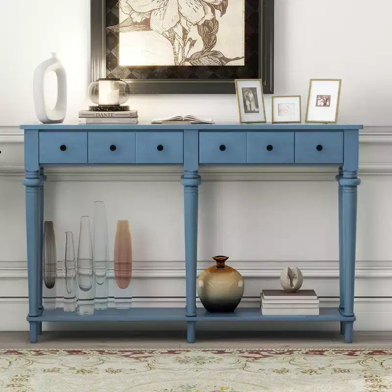 Okak 59.8IN Retro Entryway Table with 4 Drawers, Narrow Console Table with Open Shelves, Hallway Table for Living Room, Foyer, Navy Blue