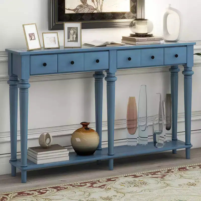 Consolle retrò da ingresso da 152 cm con 4 cassetti, tavolo stretto con ripiani aperti, blu navy