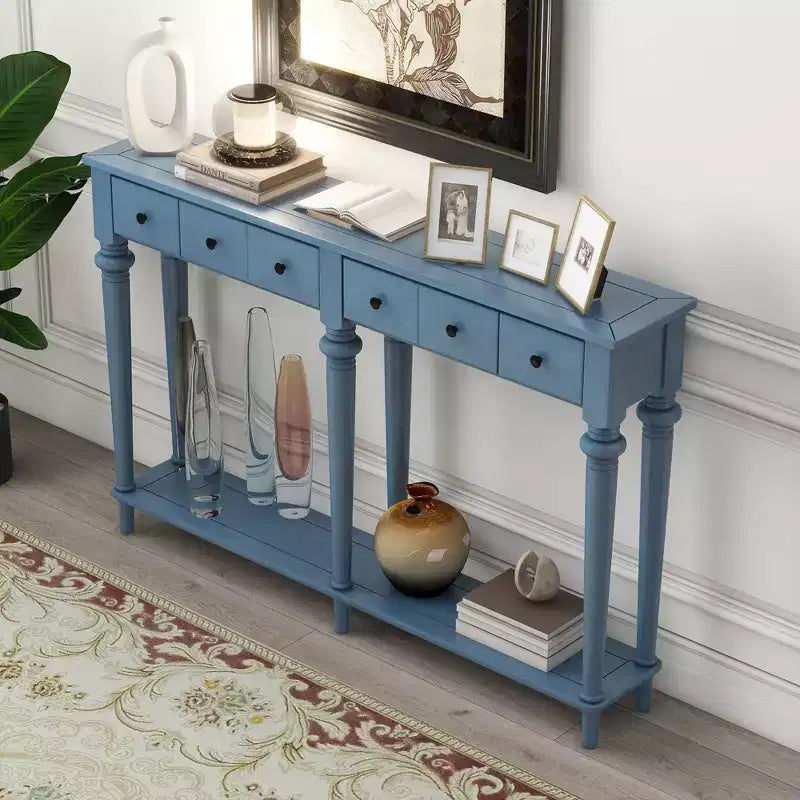 Consolle retrò da ingresso da 152 cm con 4 cassetti, tavolo stretto con ripiani aperti, blu navy