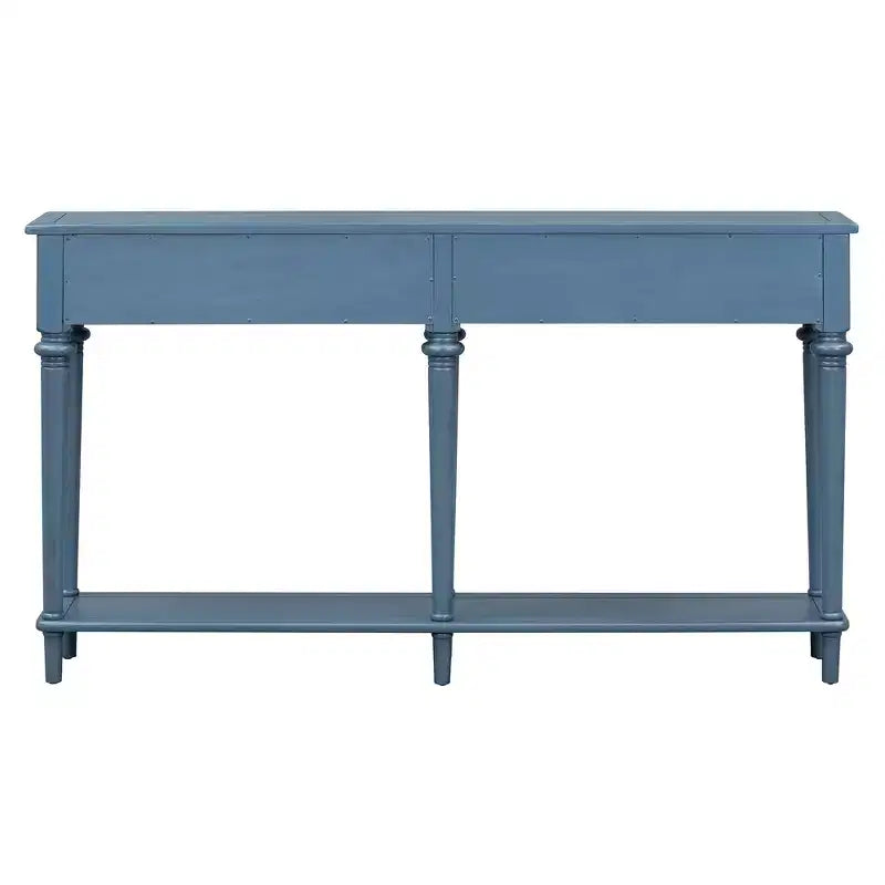 Consolle retrò da ingresso da 152 cm con 4 cassetti, tavolo stretto con ripiani aperti, blu navy