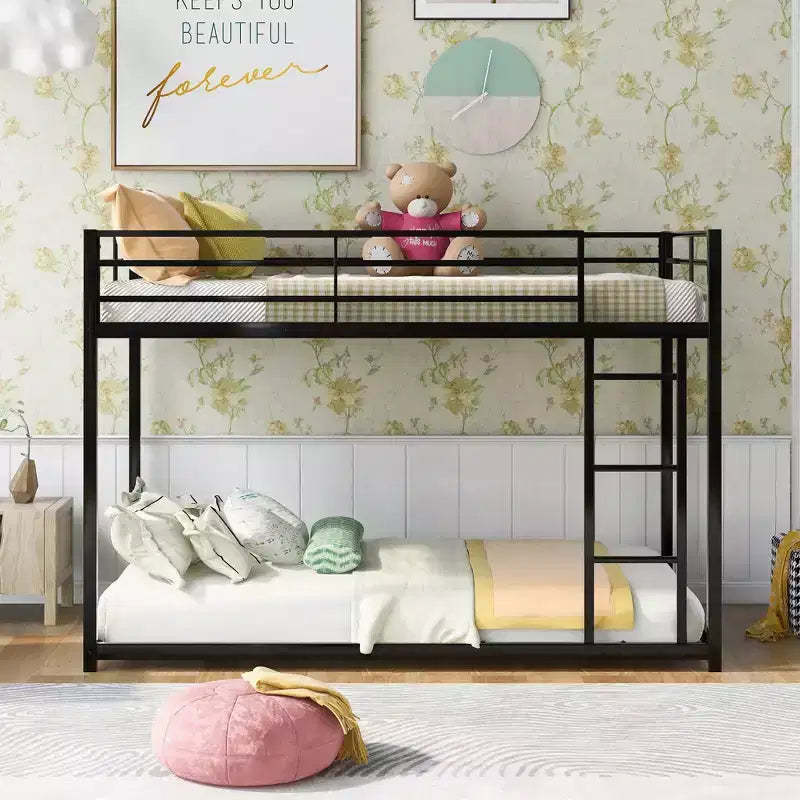 Okak 77.1IN Twin-Over-Twin Size Metal Floor Bunk Bed, Twin Bed with Ladder and Safety Guardrail, Kids Bunk Beds for Bedroom, Dormitory, Black